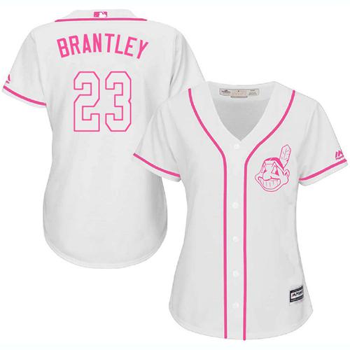 Indians #23 Michael Brantley White/Pink Fashion Women's Stitched MLB Jersey